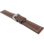 Angle view of LIght Brown Mens Leather Watch Band, White Stitch, Padded, Standard & Extra Long (XL) with Stainless Steel Buckle