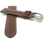 Front view of LIght Brown Mens Leather Watch Band, White Stitch, Padded, Standard & Extra Long (XL) with Stainless Steel Buckle