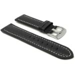 Side view of Black Mens Leather Band, Buffalo Pattern, White Stitch, Padded, Standard & Extra Long (XL) with Stainless Steel Buckle