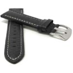 Front view of Black Mens Leather Band, Buffalo Pattern, White Stitch, Padded, Standard & Extra Long (XL) with Stainless Steel Buckle
