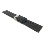 Angle view of Black Mens Leather Rally Strap, Perforated Racing Band, Standard & Extra Long (XL) with Stainless Steel Buckle