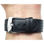 Arm view of Black Mens Leather Rally Strap, Perforated Racing Band, Standard & Extra Long (XL) with Stainless Steel Buckle
