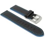 Side view of Blue Mens Thick Leather Racing Band with Side Color, Padded with Stainless Steel Buckle