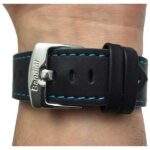 Arm view of Blue Mens Thick Leather Racing Band with Side Color, Padded with Stainless Steel Buckle