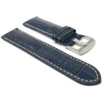 Side view of Blue Mens Leather Strap, Alligator Pattern, White Stitch, Extra Long XL Available with Stainless Steel Buckle