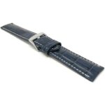 Angle view of Blue Mens Leather Strap, Alligator Pattern, White Stitch, Extra Long XL Available with Stainless Steel Buckle