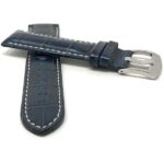 Front view of Blue Mens Leather Strap, Alligator Pattern, White Stitch, Extra Long XL Available with Stainless Steel Buckle