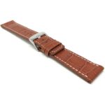 Angle view of Tan Square Tip Leather Watch Strap for Men, Croco Style, White Stitch with Stainless Steel Buckle