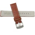 Back view of Tan Square Tip Leather Watch Strap for Men, Croco Style, White Stitch with Stainless Steel Buckle