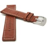 Front view of Tan Square Tip Leather Watch Strap for Men, Croco Style, White Stitch with Stainless Steel Buckle