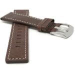 Front view of Brown Square Tip Leather Watch Strap for Men, White Stitch with Stainless Steel Buckle