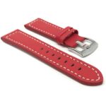 Side view of Red Thick Mens Leather Watch Strap, Racer, White Stitch with Stainless Steel Buckle