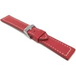 Angle view of Red Thick Mens Leather Watch Strap, Racer, White Stitch with Stainless Steel Buckle