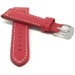 Front view of Red Thick Mens Leather Watch Strap, Racer, White Stitch with Stainless Steel Buckle