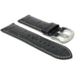 Side view of Black Mens Leather Watch Strap, Crocodile Pattern, White Stitch with Stainless Steel Buckle