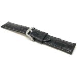 Angle view of Black Mens Leather Watch Strap, Crocodile Pattern, White Stitch with Stainless Steel Buckle