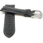 Front view of Black Mens Leather Watch Strap, Crocodile Pattern, White Stitch with Stainless Steel Buckle