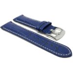 Side view of Blue Mens Leather Strap, Alligator Pattern, White Stitch with Stainless Steel Buckle