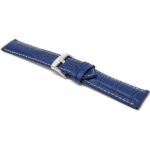 Angle view of Blue Mens Leather Strap, Alligator Pattern, White Stitch with Stainless Steel Buckle