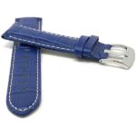 Front view of Blue Mens Leather Strap, Alligator Pattern, White Stitch with Stainless Steel Buckle