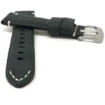 Front view of Black Mens Distressed Leather Watch Strap, White Stitch (Also Extra Long XL) with Stainless Steel Buckle