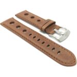 Side view of Brown Mens Leather Vintage Style Rally Strap, 3 Holes, Racing Watch Band with Stainless Steel Buckle