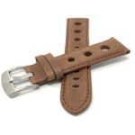 Front view of Brown Mens Leather Vintage Style Rally Strap, 3 Holes, Racing Watch Band with Stainless Steel Buckle