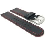 Side view of Red Flat Mens Leather Sport Watch Band,Racer, Slim, Round Tip with Stainless Steel Buckle