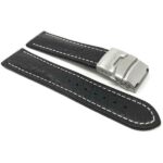 Side view of Black Mens Leather Watch Band with Deployment Buckle, White Stitch