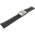 Angle view of Black Mens Leather Watch Band with Deployment Buckle, White Stitch