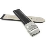 Back view of Black Mens Leather Watch Band with Deployment Buckle, White Stitch