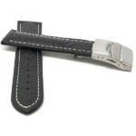 Front view of Black Mens Leather Watch Band with Deployment Buckle, White Stitch