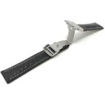 Open view of Black Mens Leather Watch Band with Deployment Buckle, White Stitch