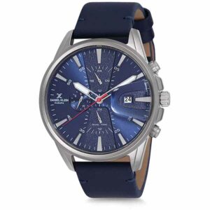 Daniel Klein Mens Watch - Leather Strap - 46mm Analog - Multifunction - Quartz - Dual Time - Grey/Blue - DK12238-3