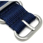 Buckle view of Blue Nylon Nato Style Watch Band, 2 Piece Strap, Hook and Loop Buckles