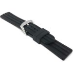 Angle view of Black Soft Silicone Rubber Watch Band Grooved, Waterproof with Stainless Steel Buckle
