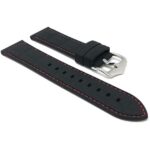 Side view of Black and Red Soft Rubber Silicone Watch Strap, Alligator Pattern with Stitch, Waterproof with Stainless Steel Buckle