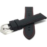 Front view of Black and Red Soft Rubber Silicone Watch Strap, Alligator Pattern with Stitch, Waterproof with Stainless Steel Buckle