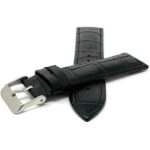 Front view of Black Vegan Watch Band, Premium Faux Leather Strap, Alligator Pattern - 12mm, Black with Silver Tone Buckle